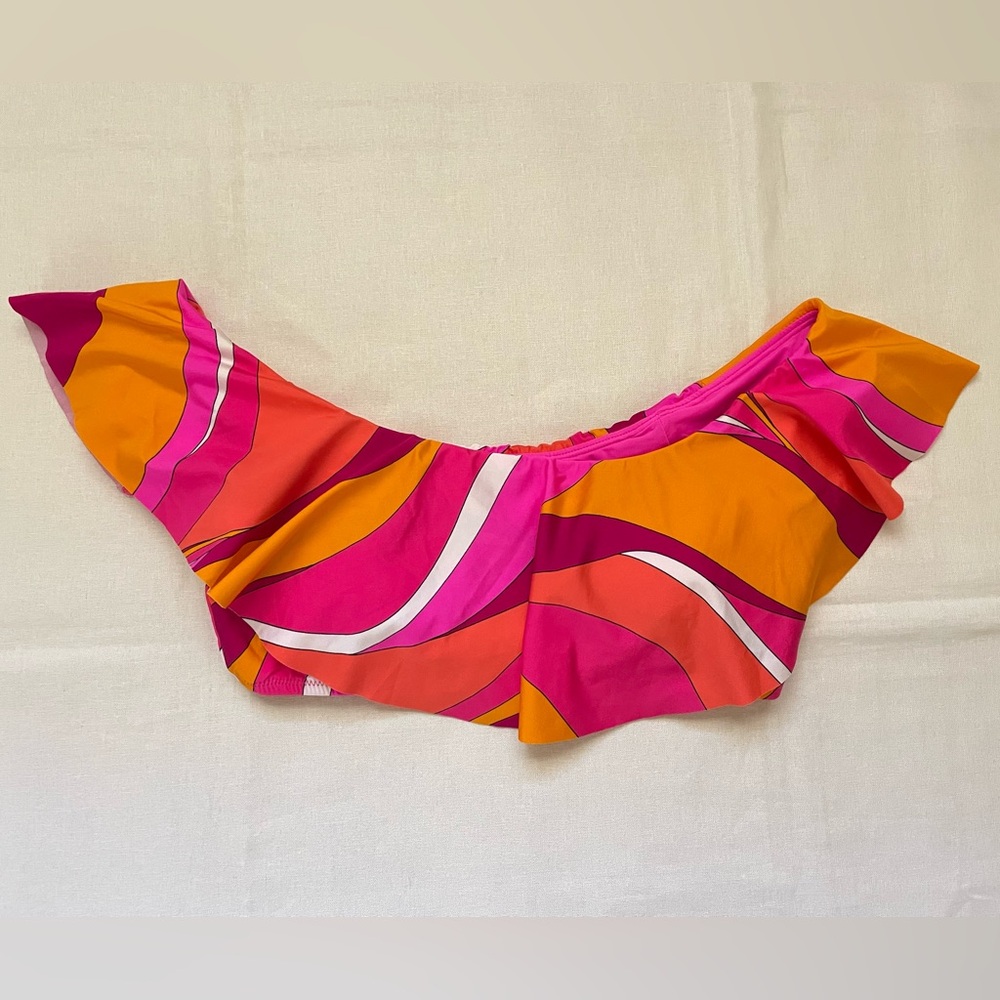 Trina turk vivid vista prined ruffld bandeau bikini top pink orange